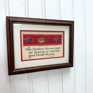 Vintage 1983 Needle Art of the Old World Framed Christmas Textile Quote